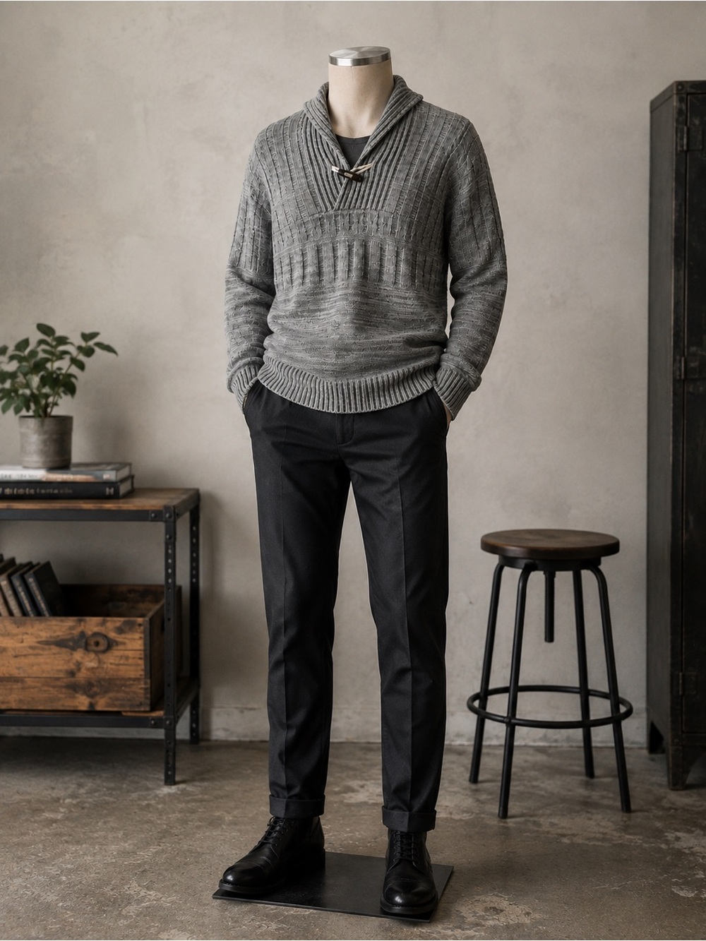 H&M L.O.G.G. Men’s XL Gray Shawl Collar Toggle Cable Knit Pullover Sweater